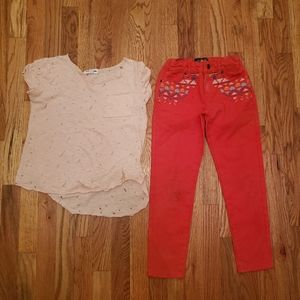 Blush Shirt and orange jeans